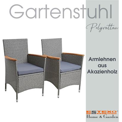 Rattan Gartensessel Polyrattan Stuhl Gartenstuhl 2er Set Akazie Holz Grau-Mix